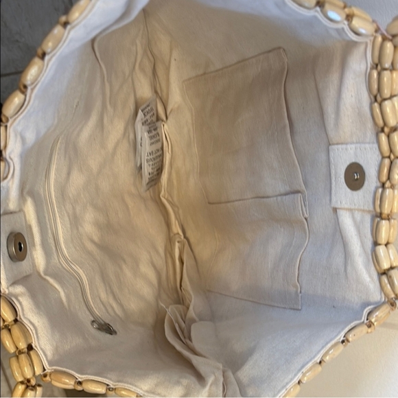 NWT Rachel Ashwell Wooden Beaded Crescent Bag Boho Bead Tote Natural - Picture 7 of 9